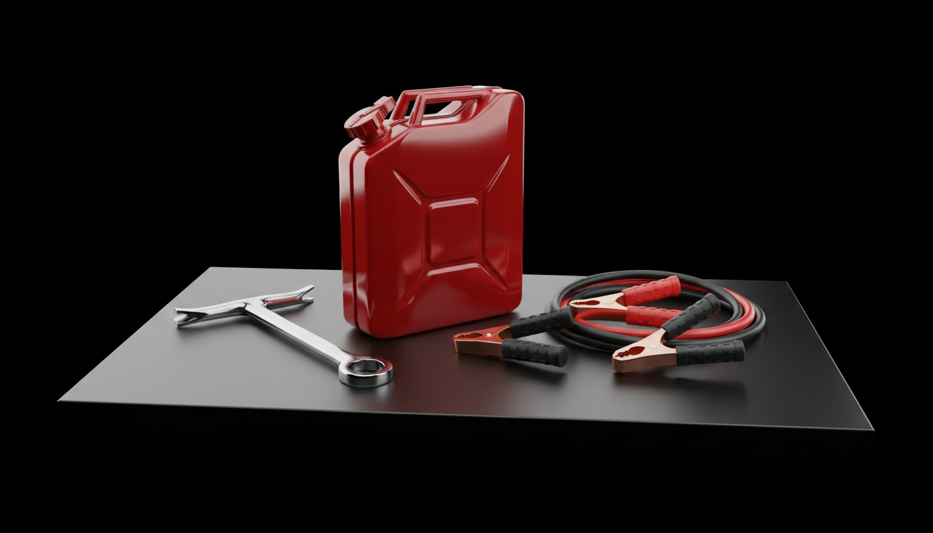 A set of essential towing and roadside assistance tools—including a polished red fuel canister, heavy-duty jumper cables with glossy black and red grips, and a bright chrome tire iron—arranged neatly atop a deep matte black steel platform. The scene is stark and minimalist, the tools casting crisp, deliberate shadows under intense, focused studio lighting. The background fades into pure black, ensuring the reflective surfaces and vibrant colors of the tools take center stage. Captured at eye-level with sharp focus throughout, the image radiates preparedness and professionalism in a bold, photographic aesthetic.