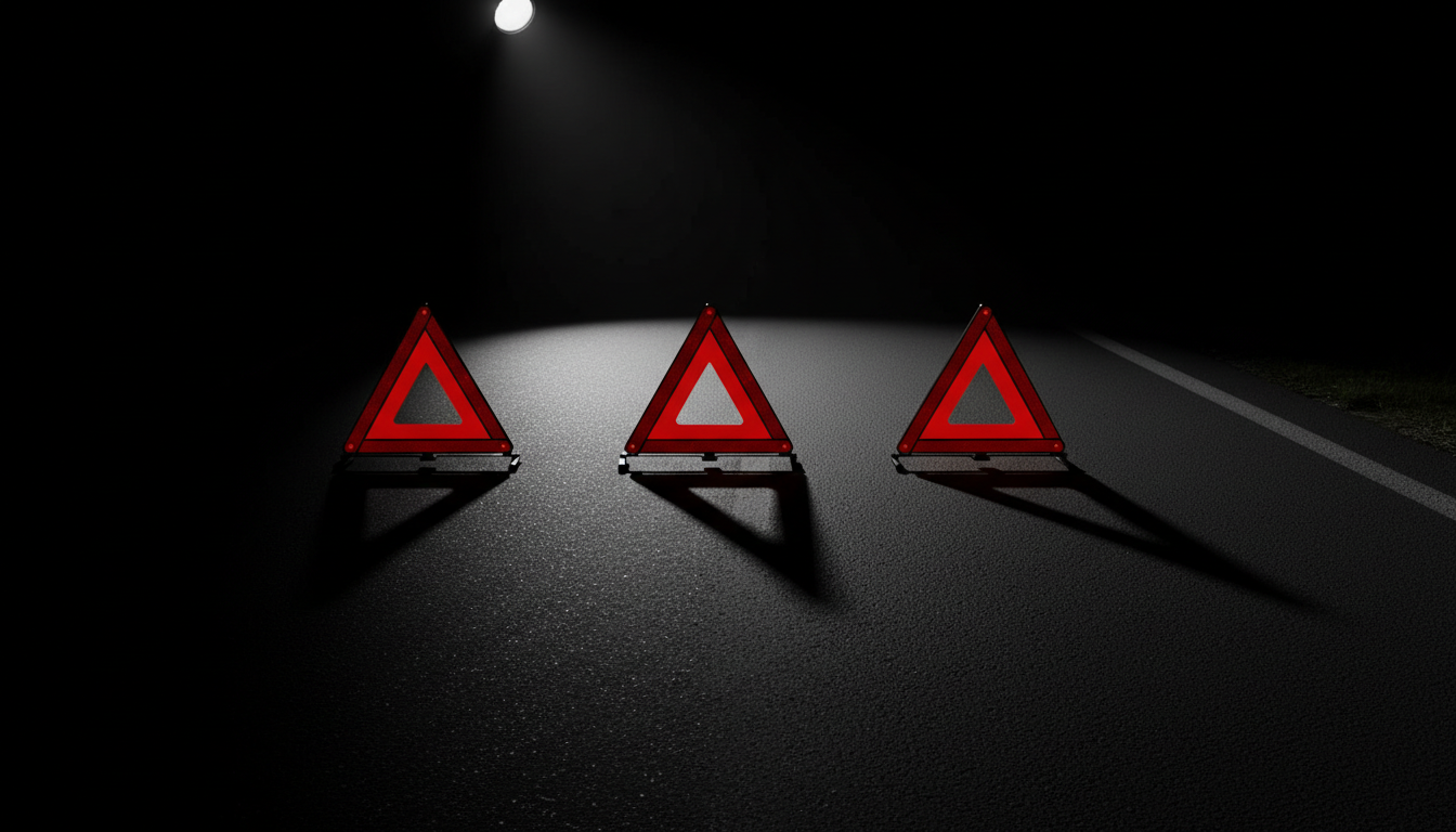 A set of emergency roadside triangles—vivid red with a glossy, almost reflective surface—arranged in perfect alignment along a sleek blacktop road. The triangles cast sharp, elongated shadows under the beam of an intense, directional spotlight, which highlights their geometric form while the rest of the scene dissolves into darkness. The mood is urgent yet controlled, evoking safety and attention. The image is photographed from a low vantage point, centered composition, emphasizing clarity and high-impact minimalism. The result is a dramatic, powerful visual ideally suited for a service-forward web platform.