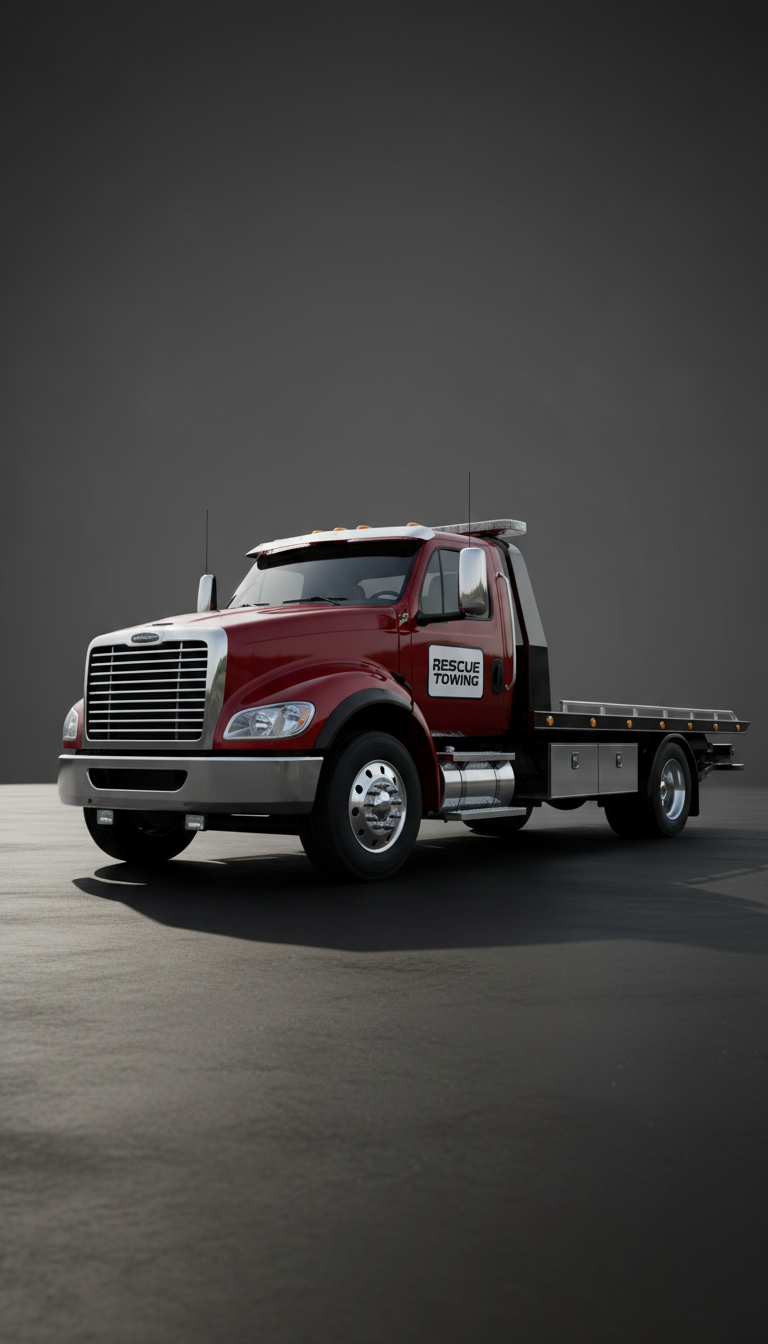 A bold, gleaming red and black flatbed tow truck with a glossy finish and crisp white logo paneling, positioned on a pristine, matte black concrete surface. The background is minimalist—softly blurred in charcoal grey—with no distractions to emphasize the truck's powerful, angular build and intricate chrome detailing. Dramatic side lighting with sharp, directional shadows defines the truck’s form and accentuates its sleek contours. Captured from a low-angle, three-quarter front perspective, the image exudes strength and reliability, delivering a sense of urgency and capability. The mood is dynamic and commanding, aligning with a modern, photographic realism and minimalist style perfectly suited for a towing referral site hero section.