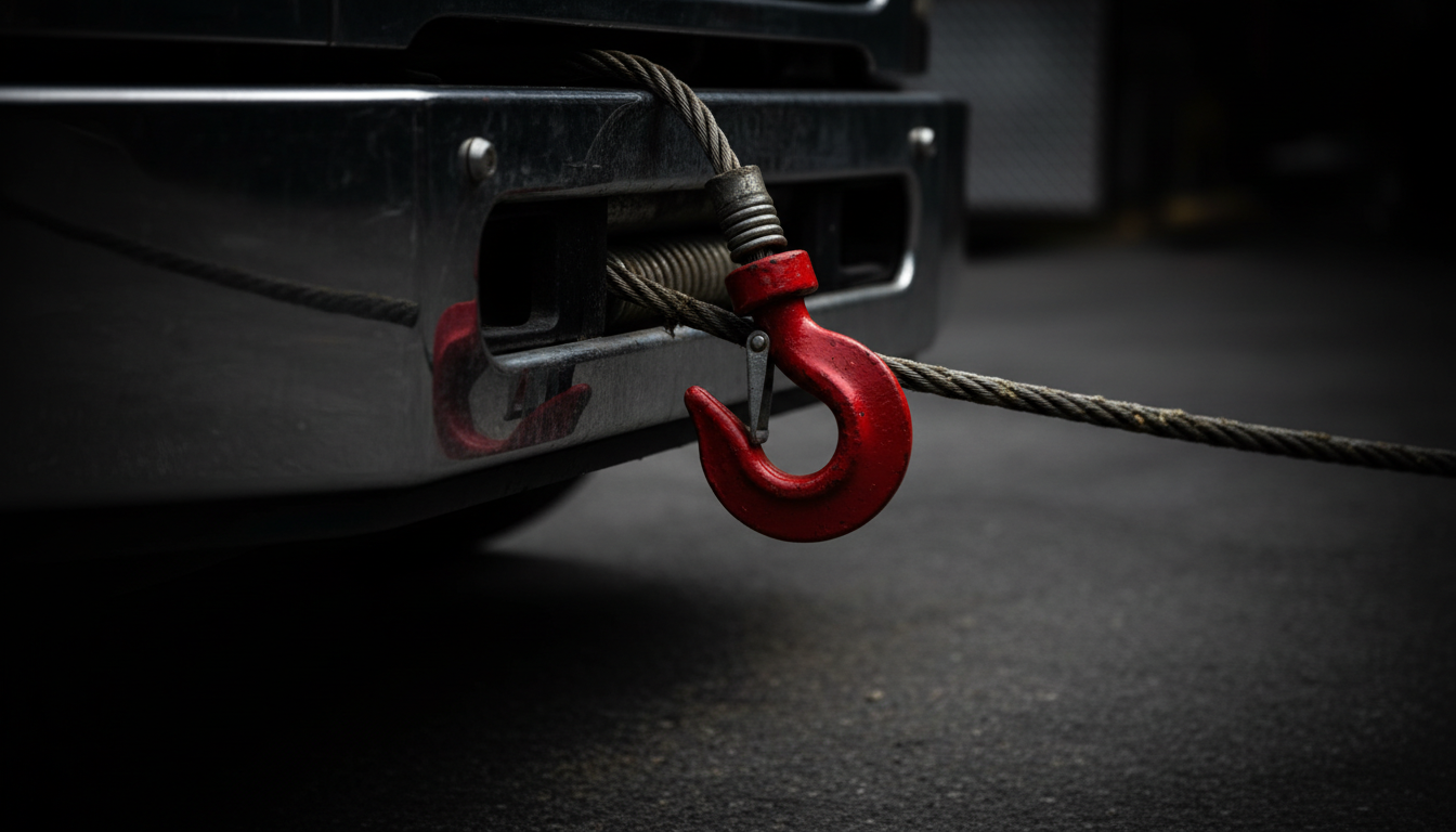 A dramatic, close-up view of a sturdy tow truck’s hooked winch cable—thick, braided steel glistening in the harsh directional light, with hardened red-painted hooks reflecting a powerful aura. The hook rests against a bold black truck bumper, paint gleaming beneath the spotlight. The ground is an indistinct, shadow-rich surface, fading into deep grey, with minimalist surroundings that heighten focus on the robust mechanical components. Shot from a near-macro, side profile angle, the photograph conveys resilience, functionality, and the readiness to help, perfectly capturing the essence of roadside assistance in a striking, modern style.
