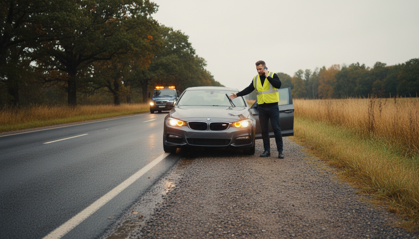 Car pulled over on the side of the road with hazard lights on, safely on the shoulder, driver standing beside the vehicle, realistic roadside scene, no logos, no company names, no license plates, urgent but clean and professional