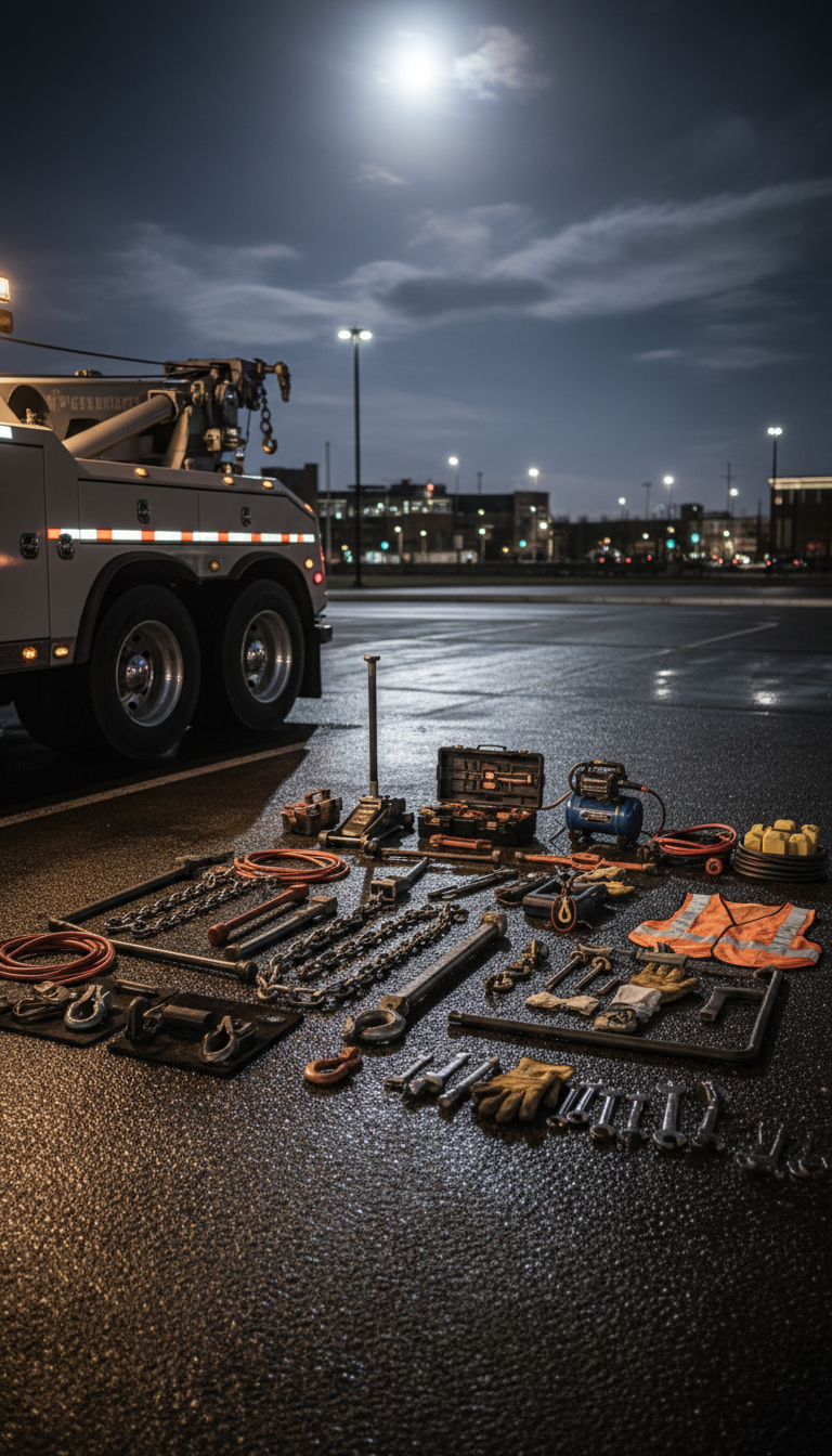 Towing and roadside tools laid out beside a tow truck at night, no visible logos or plates